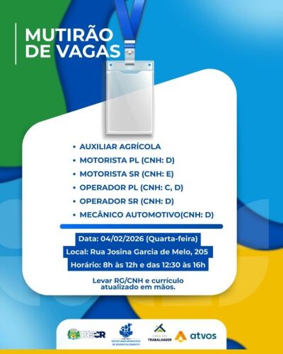 Imagem da notícia Mutirão oferece vagas de emprego nesta quarta-feira em Costa Rica